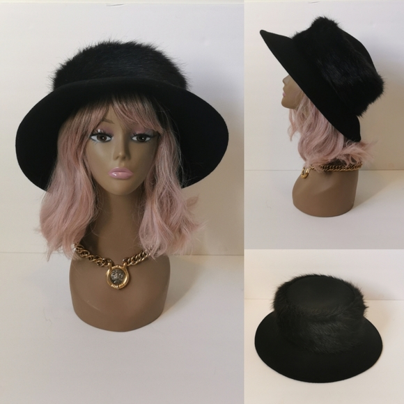 Vintage wide brim faux fur wool hat - Picture 1 of 10